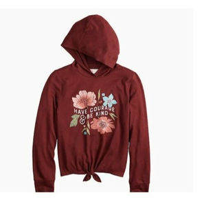 SO Tie Front Graphic Soft Tee Shirt Hoodie Maroon Floral Girl's Size S (7) NWT
